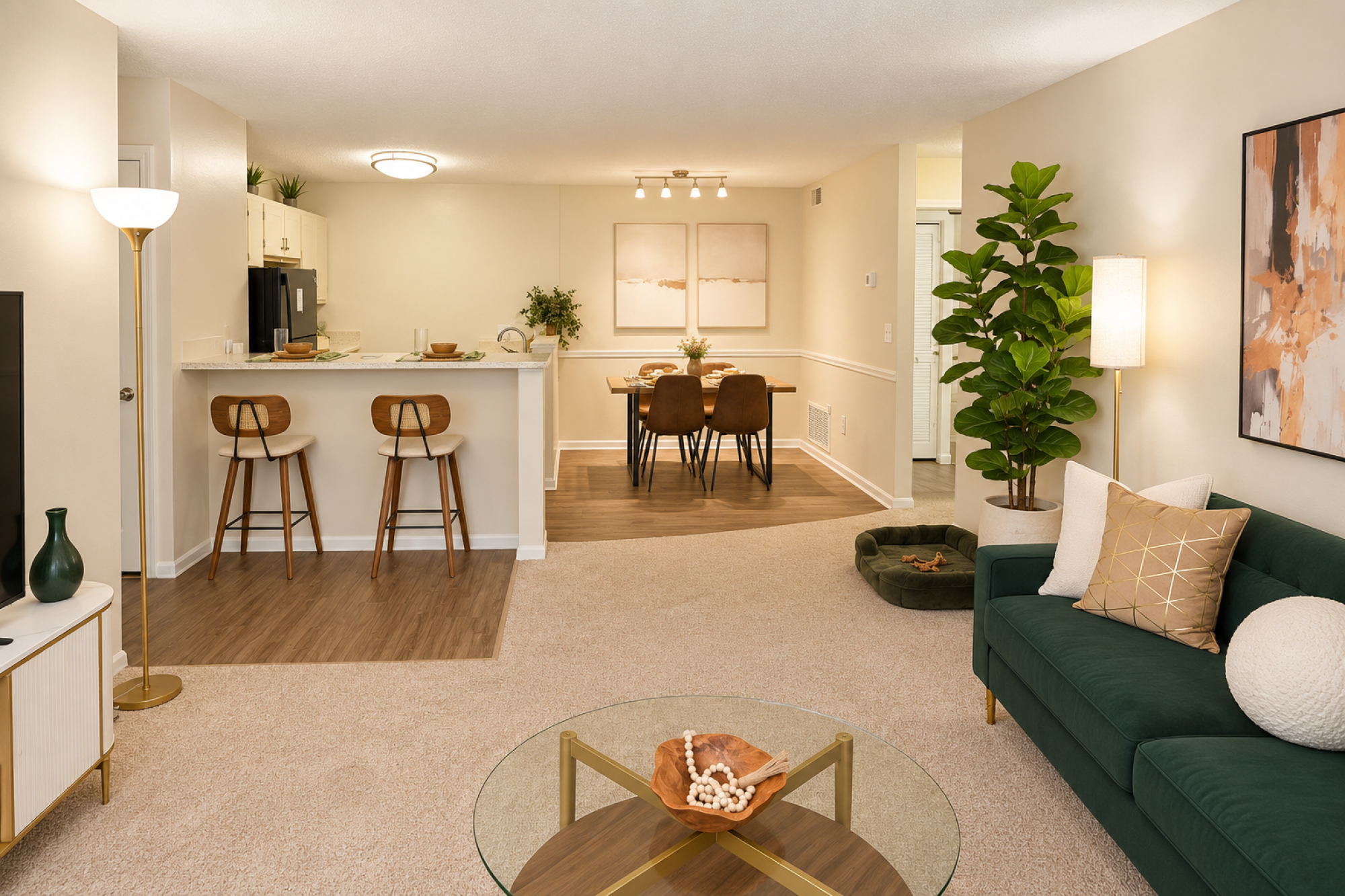 carpeted living room leading to plank flooring kitchen area with breakfast bar and dining nook