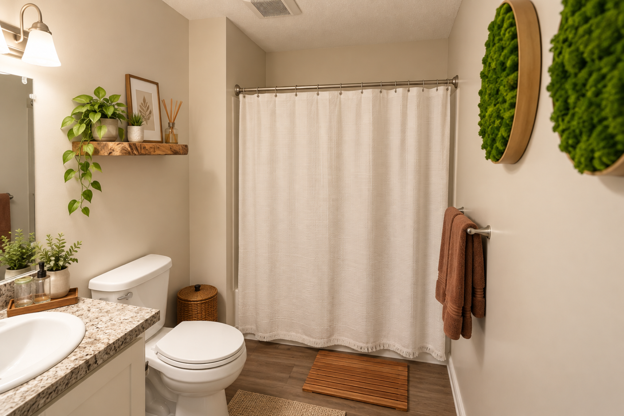 spa-like bathroom with soaking tub and plank flooring
