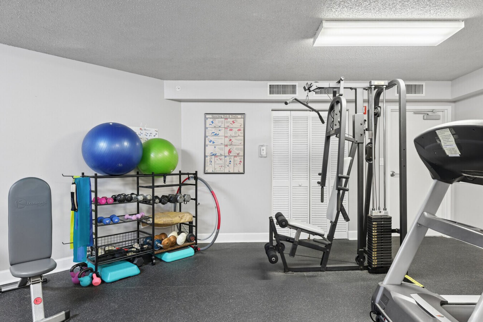 The Landings at Sea Forest fitness center strength area in New Port Richey, FL with a weight machine, dumbbells, and exercise balls.