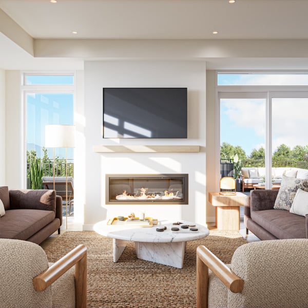 Modern living room with fireplace, wall-mounted TV, large windows, and cozy seating around a coffee table.