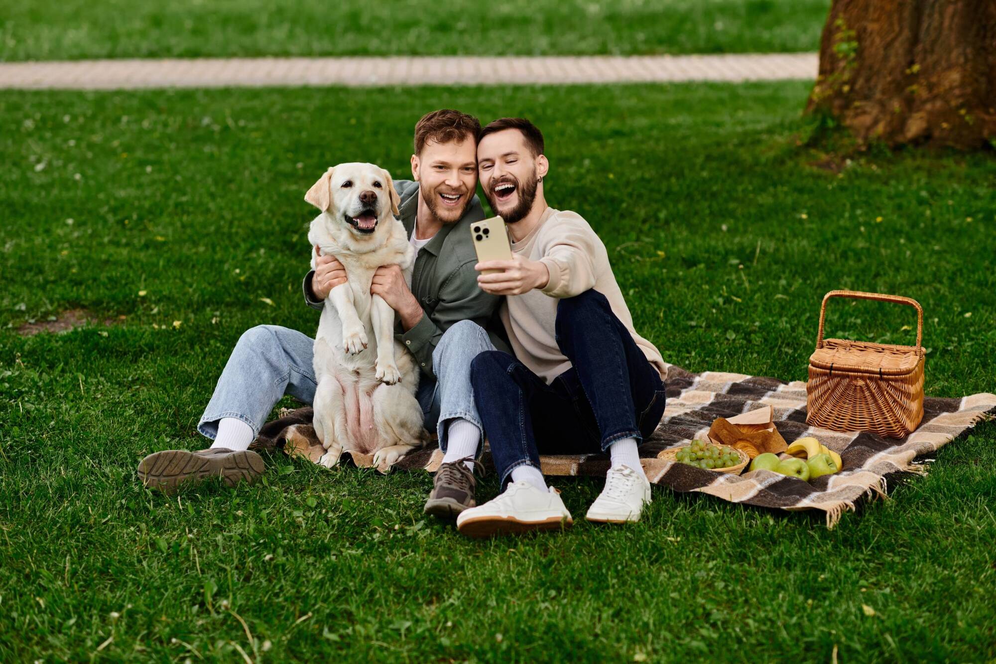 Two men having picnic, smiling with dog, taking a photo