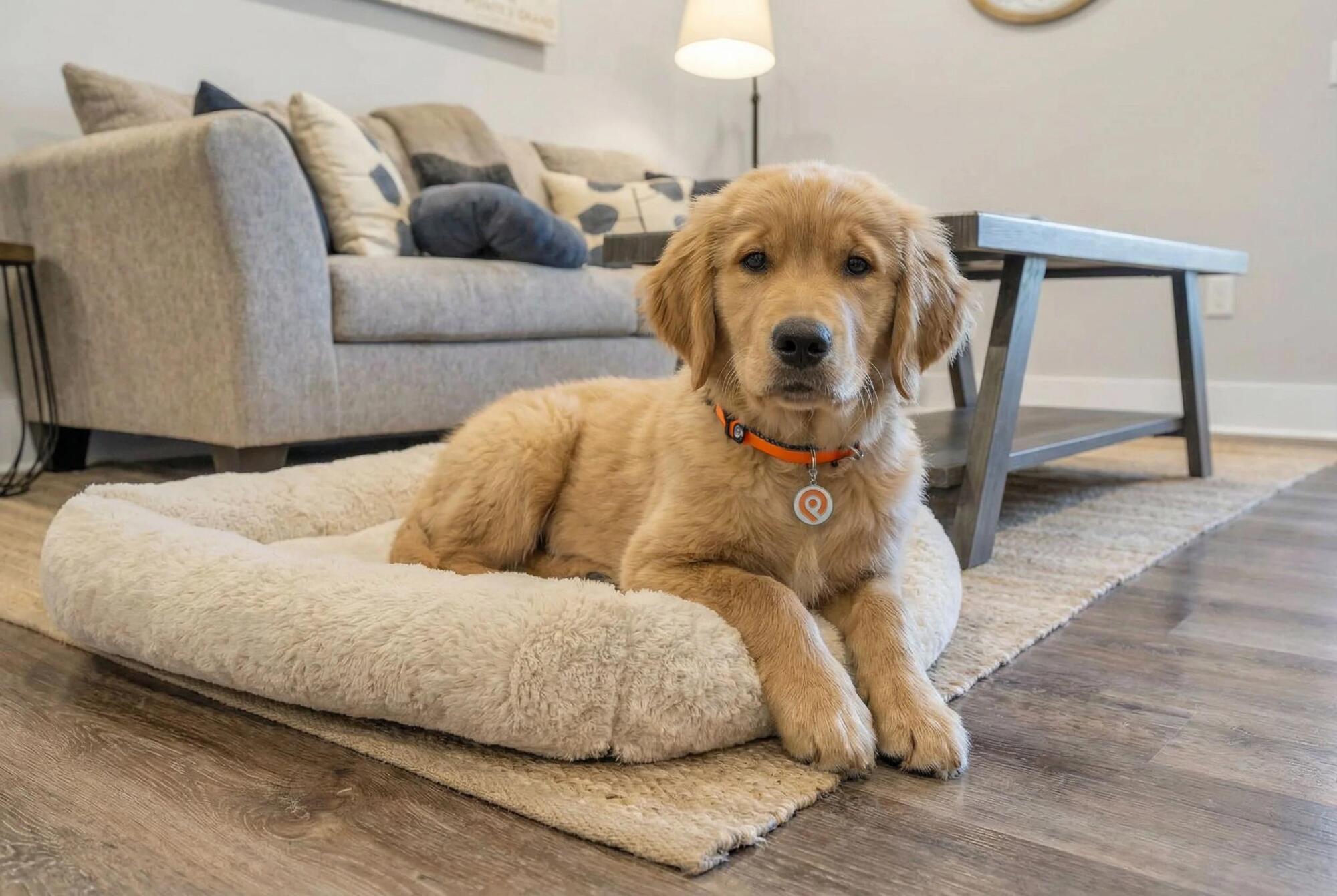 A puppy resting on a bed in a bright living room, highlighting the community’s pet-friendly policy.