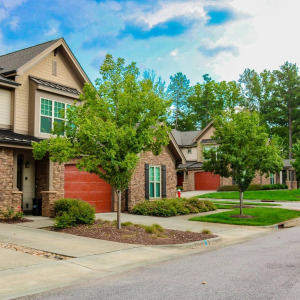 Townhomes at Chapel Watch Village community exterior with beautiful lush trees and grass, and spacious, quiet roads