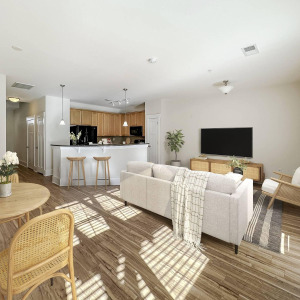 Townhomes at Chapel Watch Village townhome living and dining area with a couch, house plant, TV, and dining table and chairs