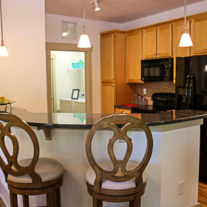 Townhomes at Chapel Watch Village townhome kitchen with floor-to-ceiling cabinets, microwave, black refrigerator, and a kitchen island with bar stools