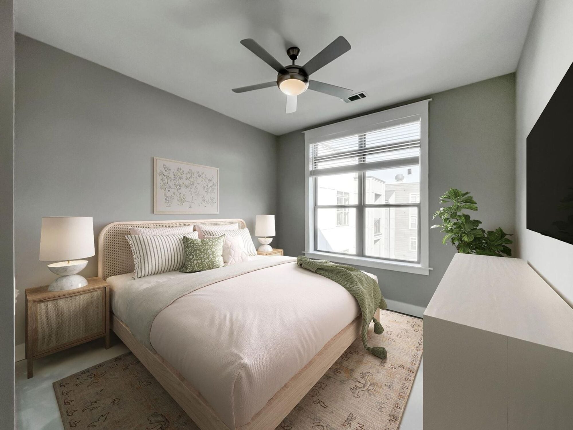 Bedroom with 10 ft ceiling and large windows