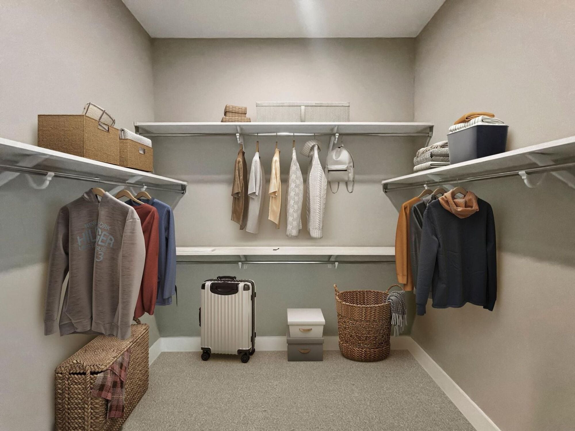 Large walk in closet with shelving