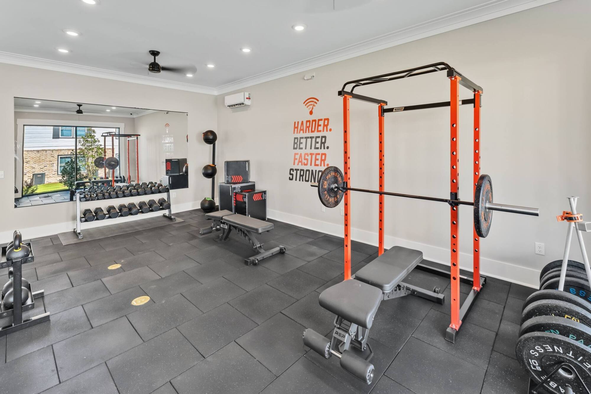 Modern gym with free weights, squat rack, and open workout area