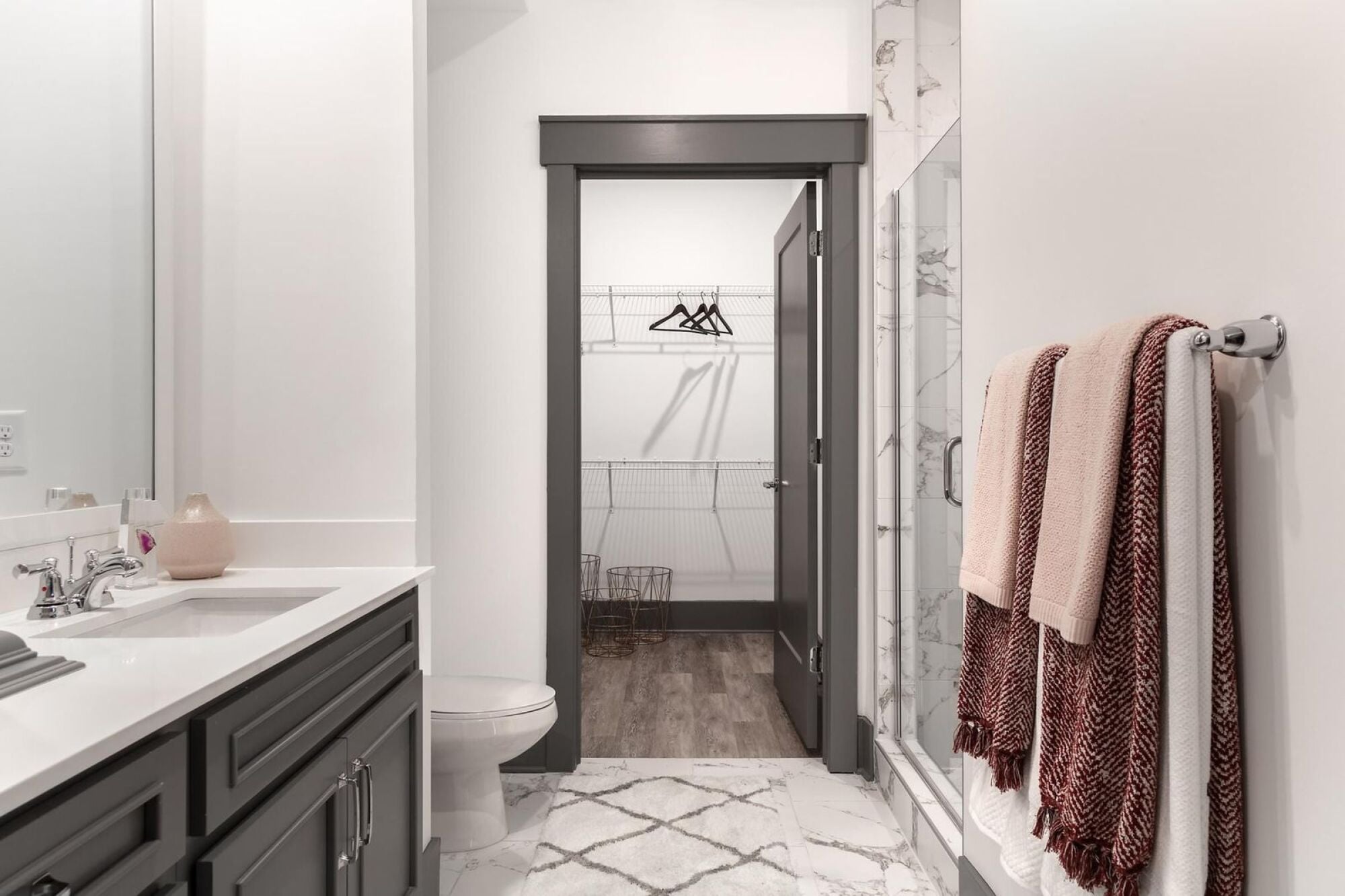Bathroom with spacious closet and shelving