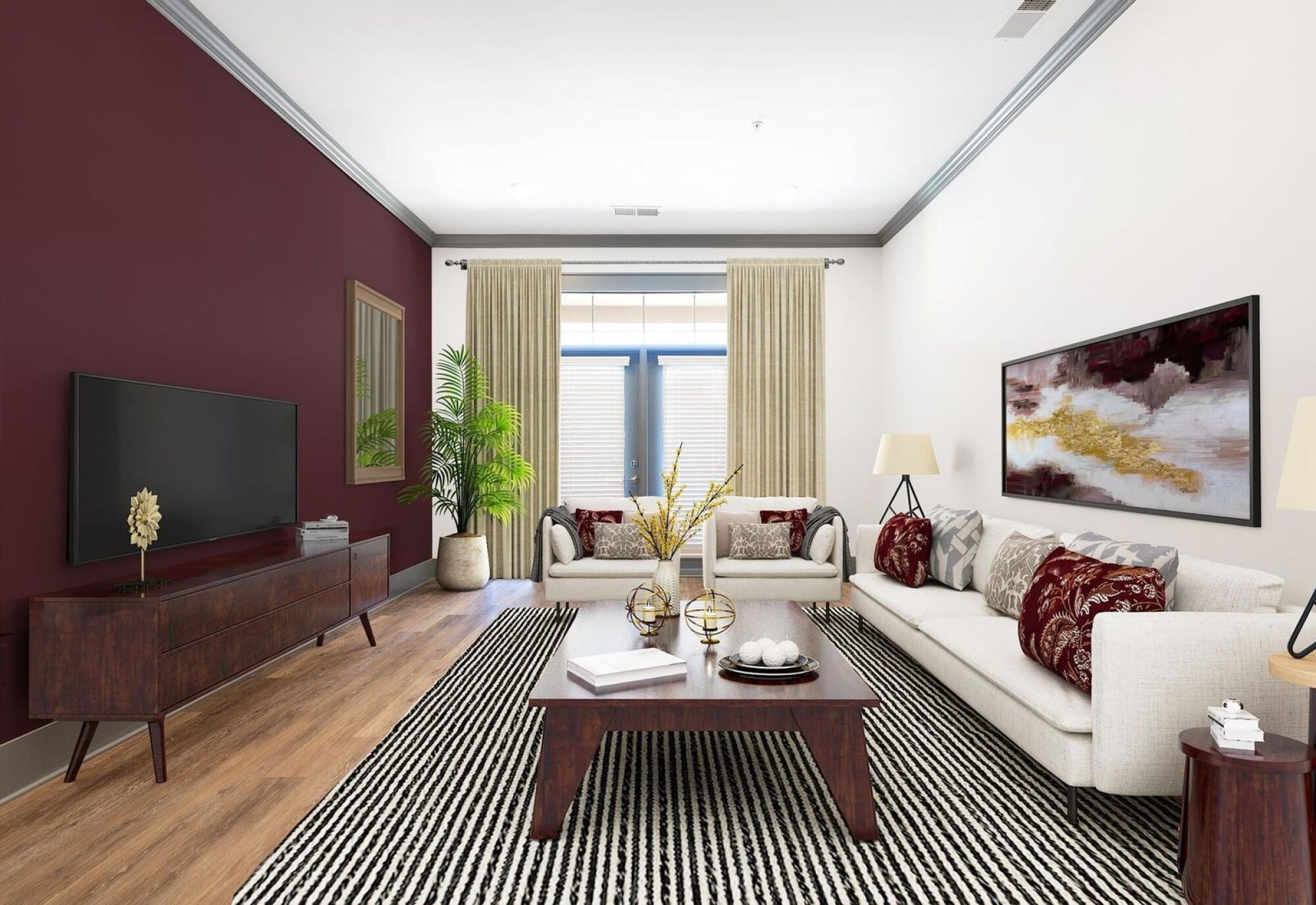 Living room with large accent wall and window