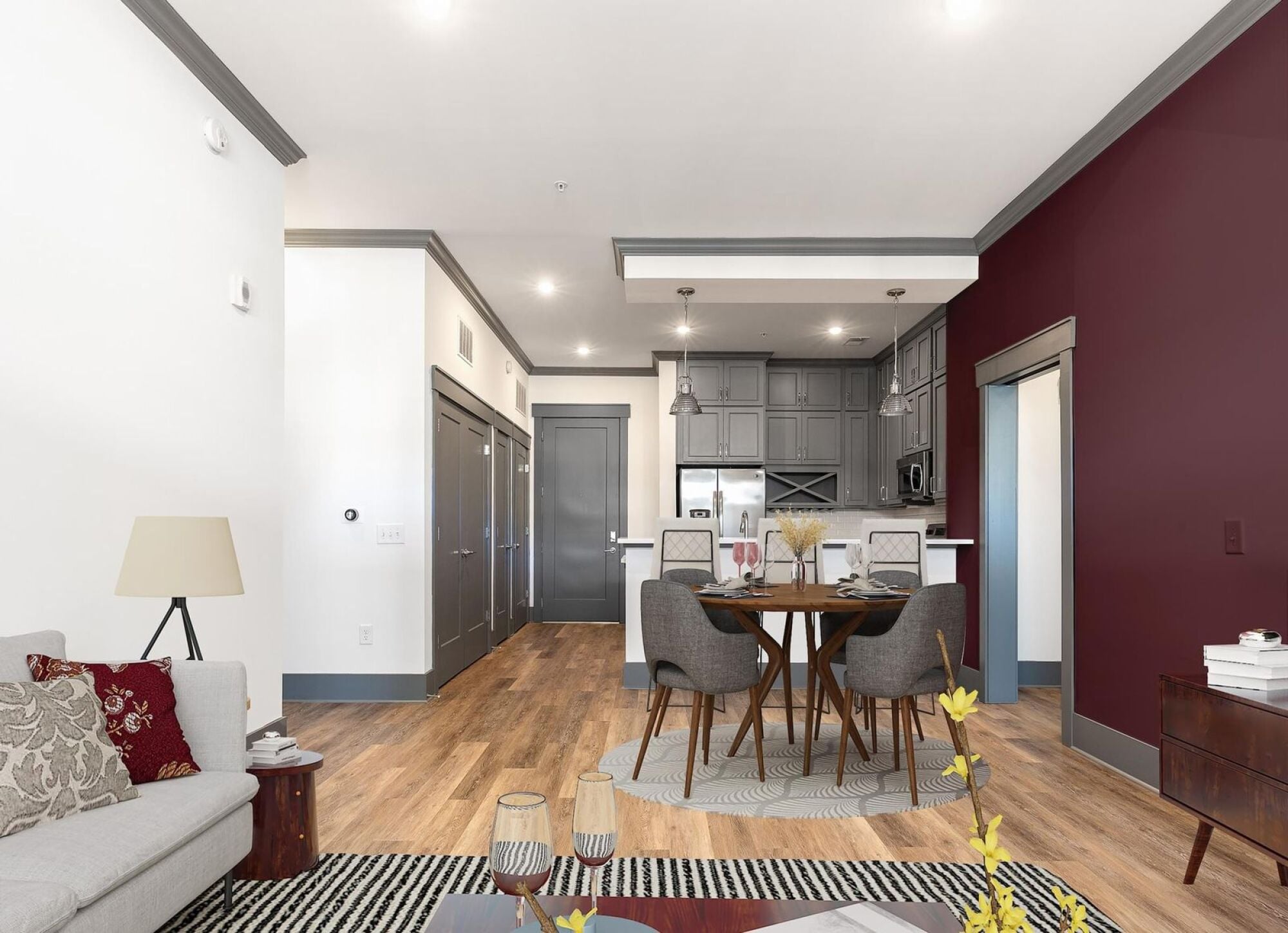 Open concept layout living room with kitchen