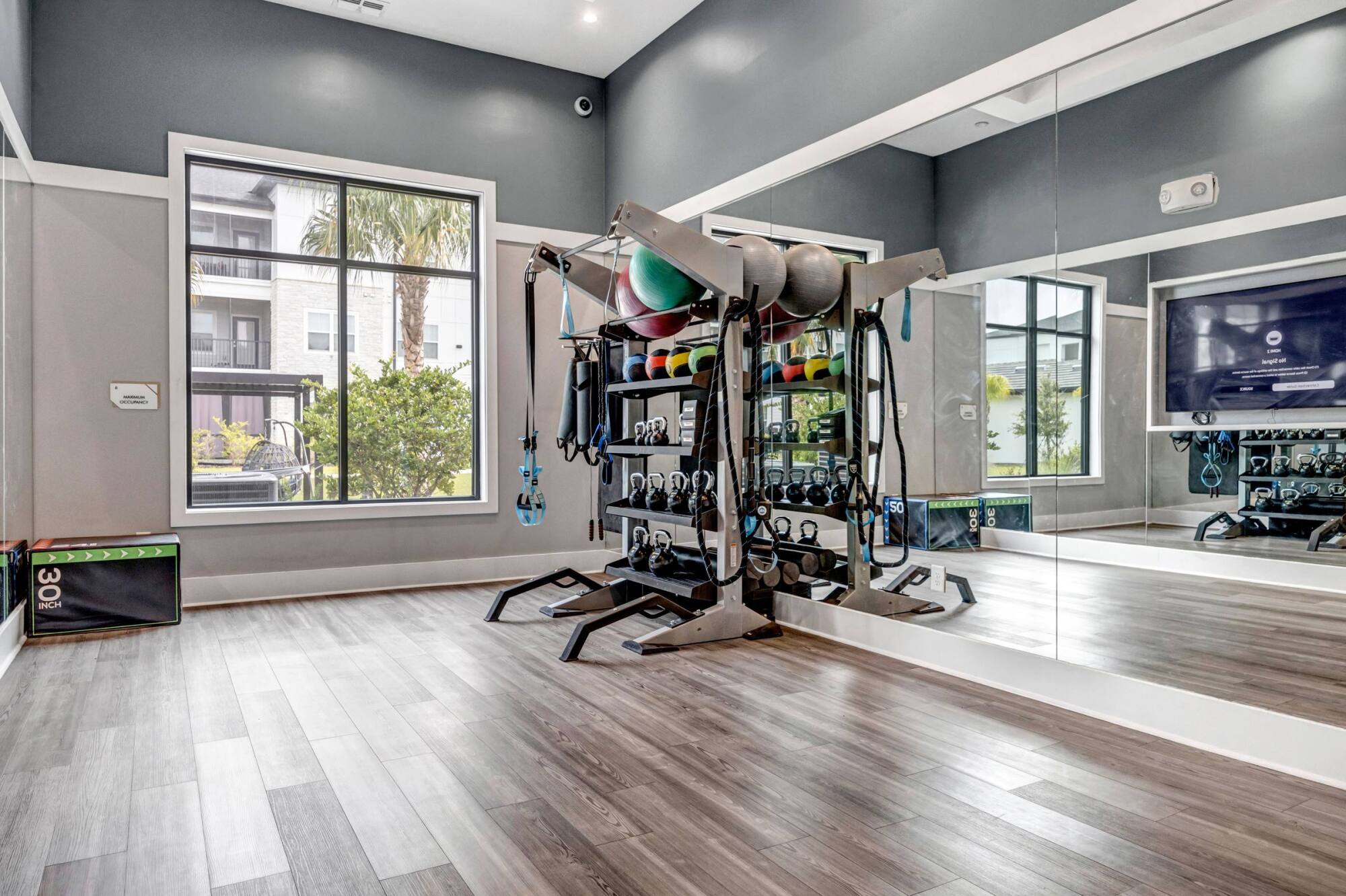 Modern gym room with exercise equipment, free weights, medicine balls, and large windows and mirrors.
