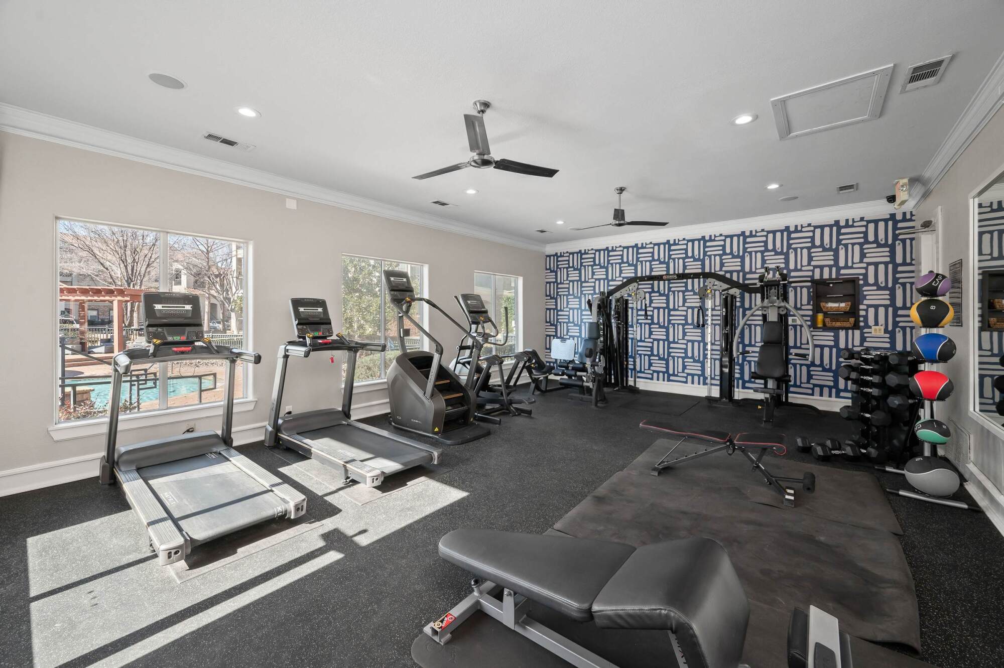 Modern gym with treadmills, weight machines, free weights, and large windows letting in natural light.