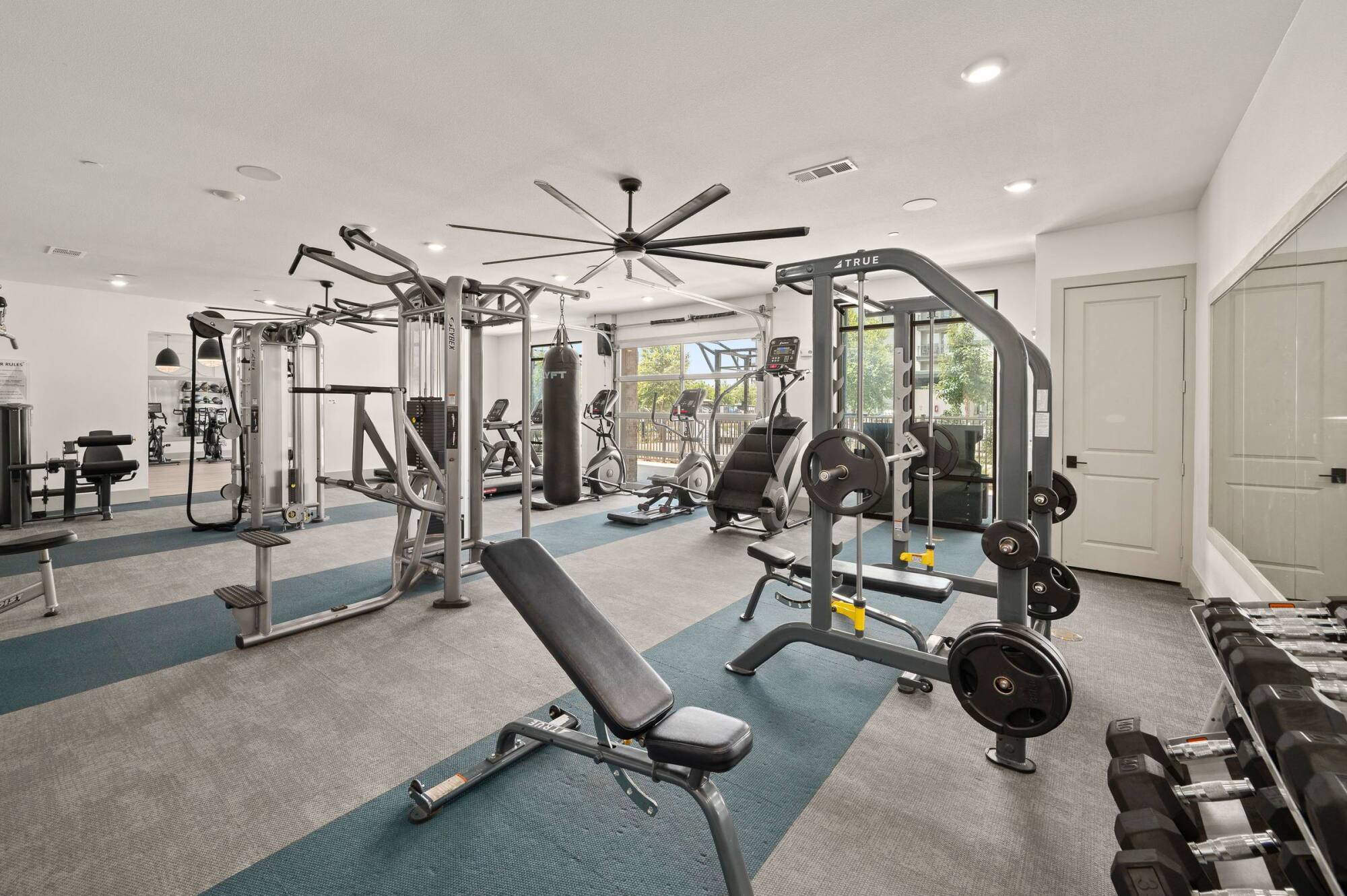 Modern gym with various weight machines, benches, dumbbells, and large ceiling fan in a bright, spacious room.