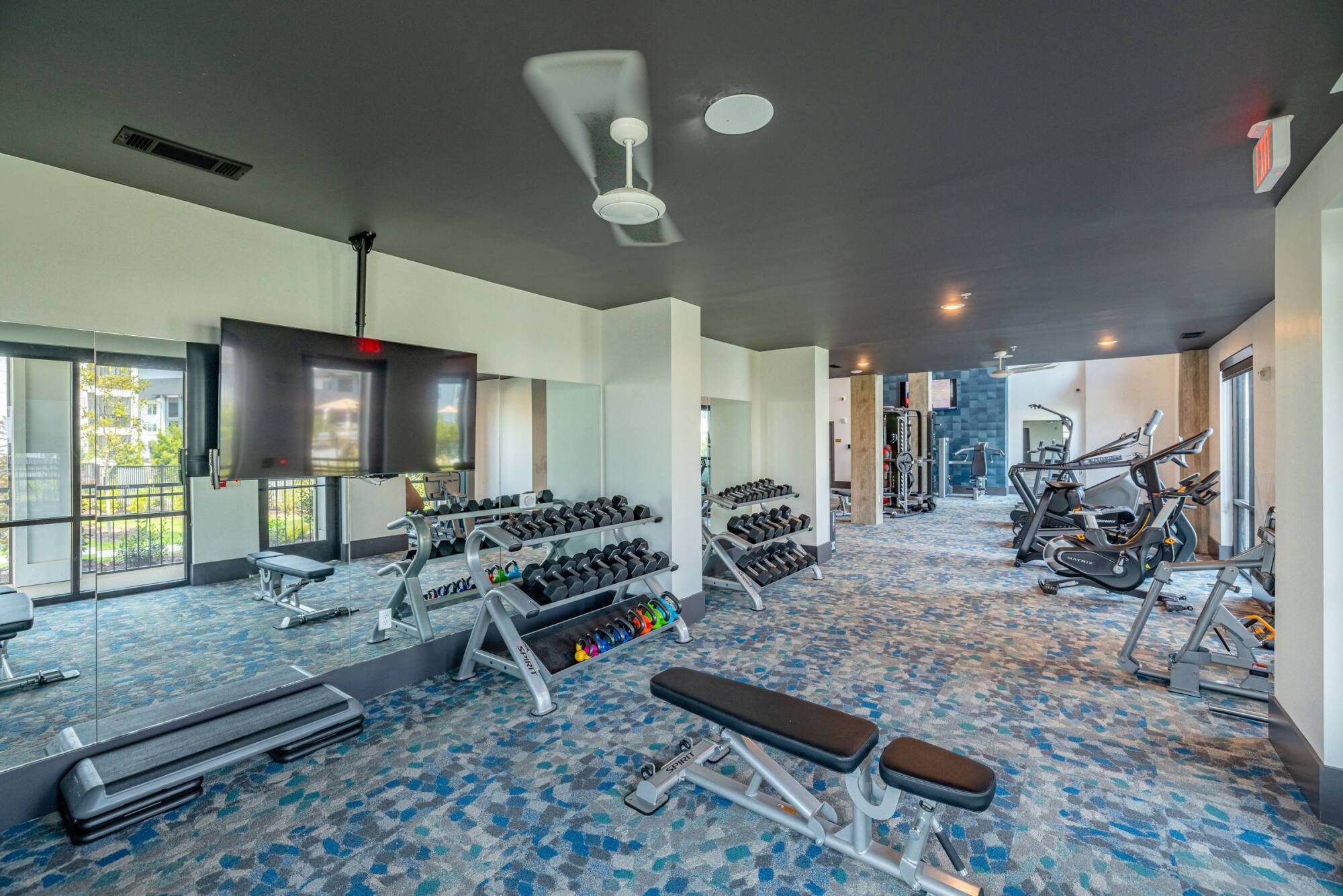 Modern gym with free weights, benches, treadmills, ellipticals, mirrors, and a large wall-mounted TV.