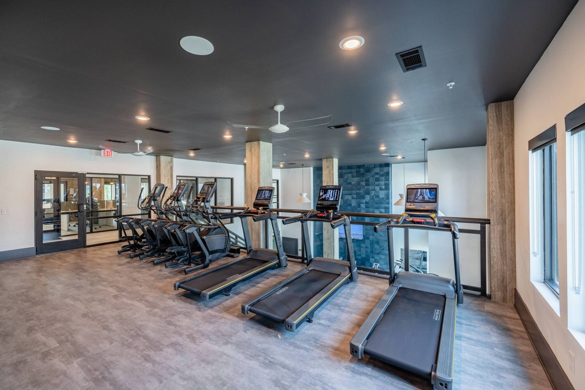 Modern gym room with treadmills and exercise bikes lined up near large windows and mirrors.