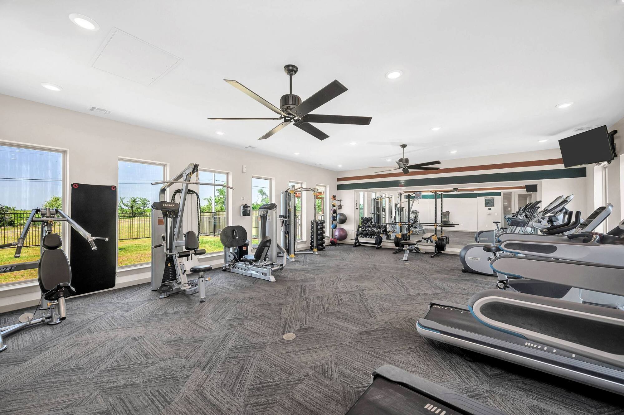 Modern gym with treadmills, weight machines, free weights, mirrors, and large windows letting in natural light.