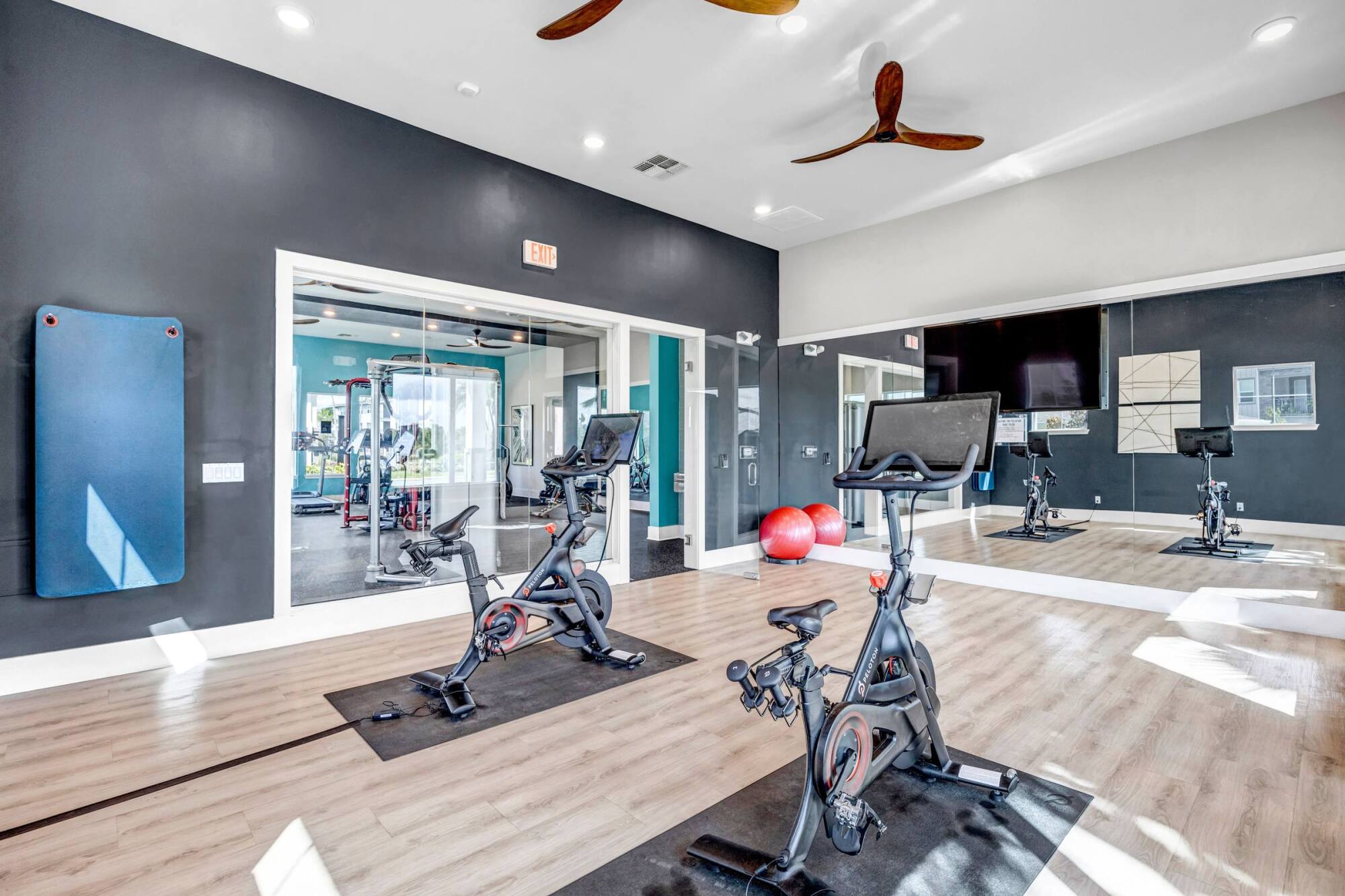 Modern gym room with two stationary bikes, mirrors, exercise balls, and wood flooring.