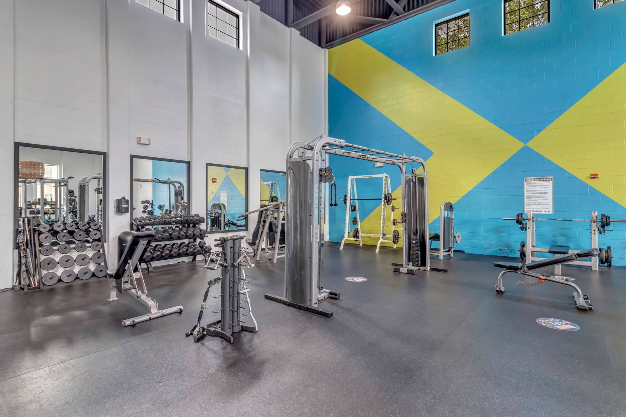 Modern gym with weight machines, free weights, mirrors, and a blue-and-yellow geometric accent wall.