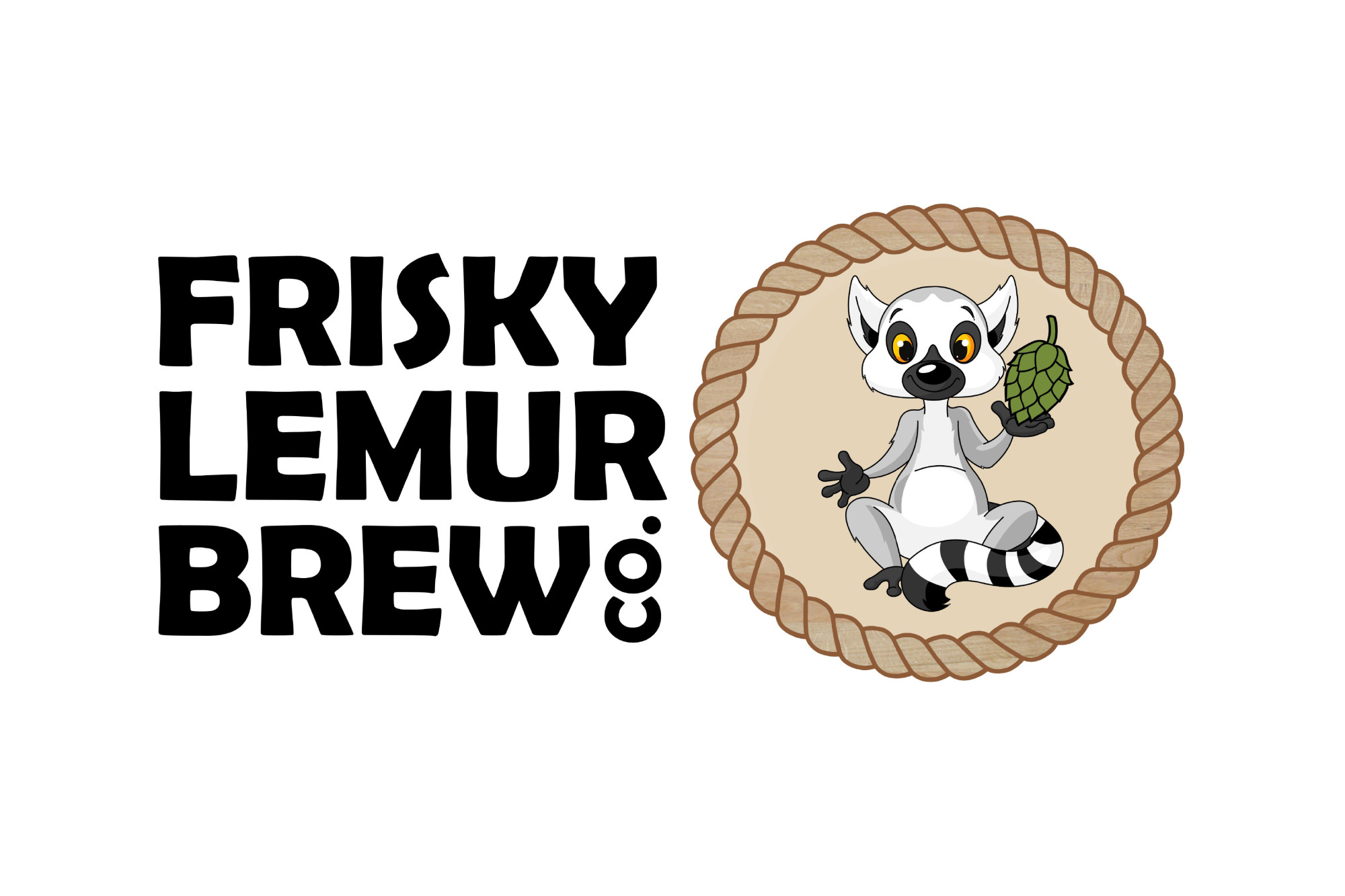 Logo with text "Frisky Lemur Brew Co." and a cartoon lemur holding a green hop cone inside a rope circle.