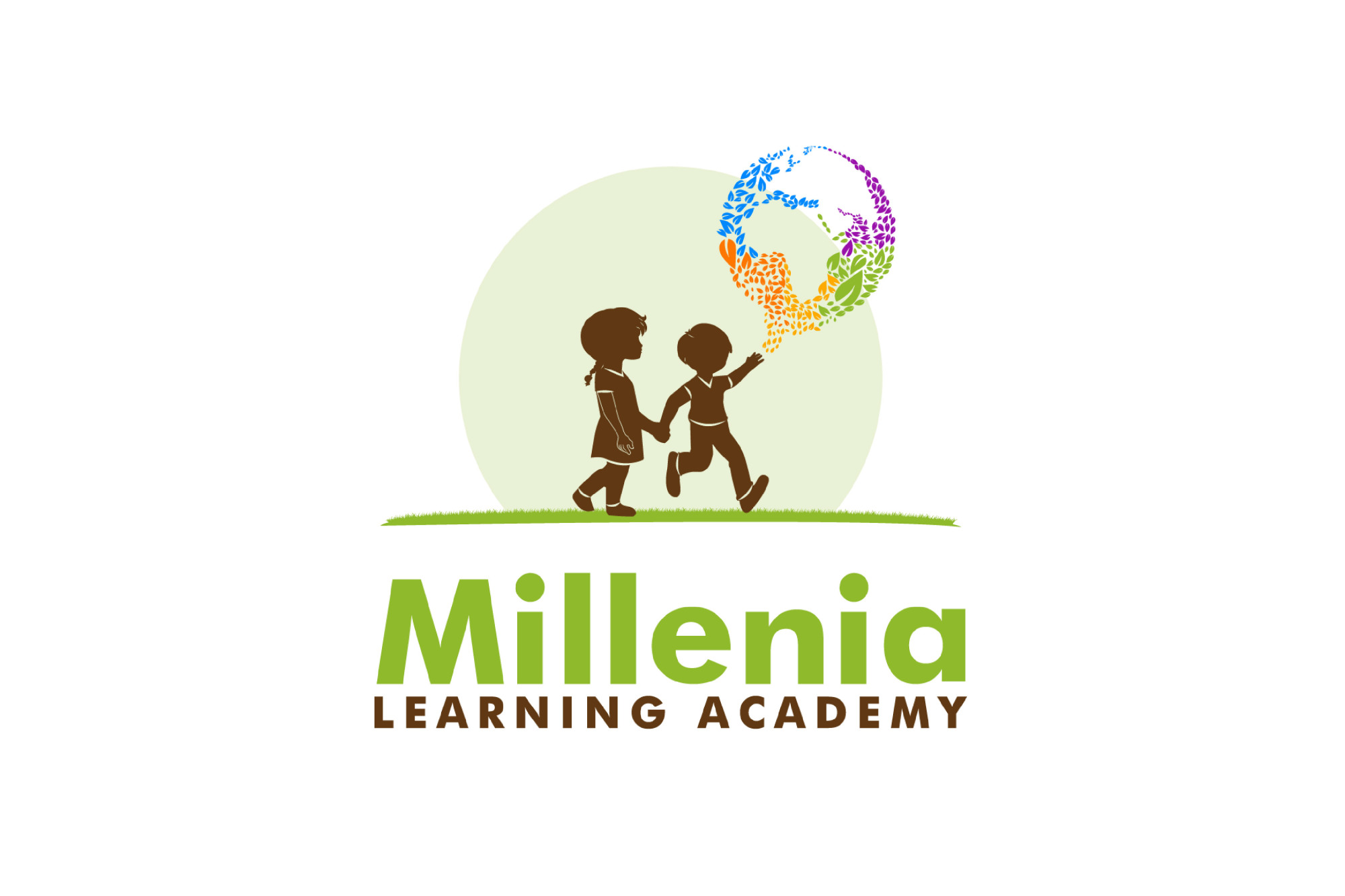 Two children holding hands, one holding a colorful globe-shaped balloon, with "Millenia Learning Academy" text below.