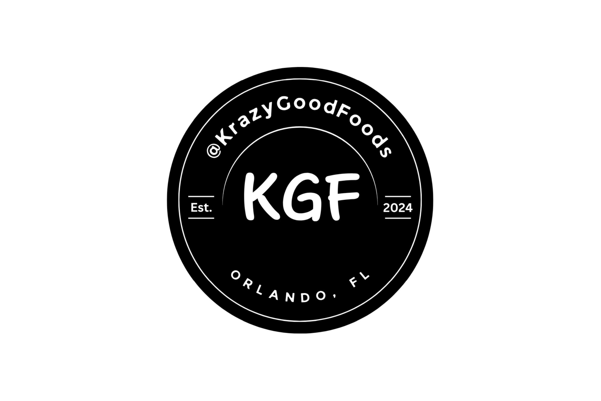 Black circular logo for Krazy Good Foods (KGF), established 2024, based in Orlando, FL.