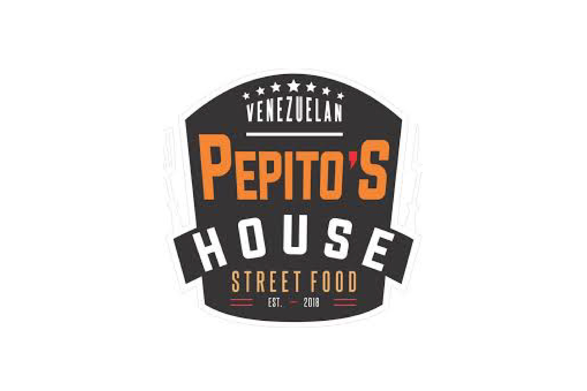 Black and white badge logo reading "Venezuelan Pepito's House Street Food Est. 2018" with orange accents.
