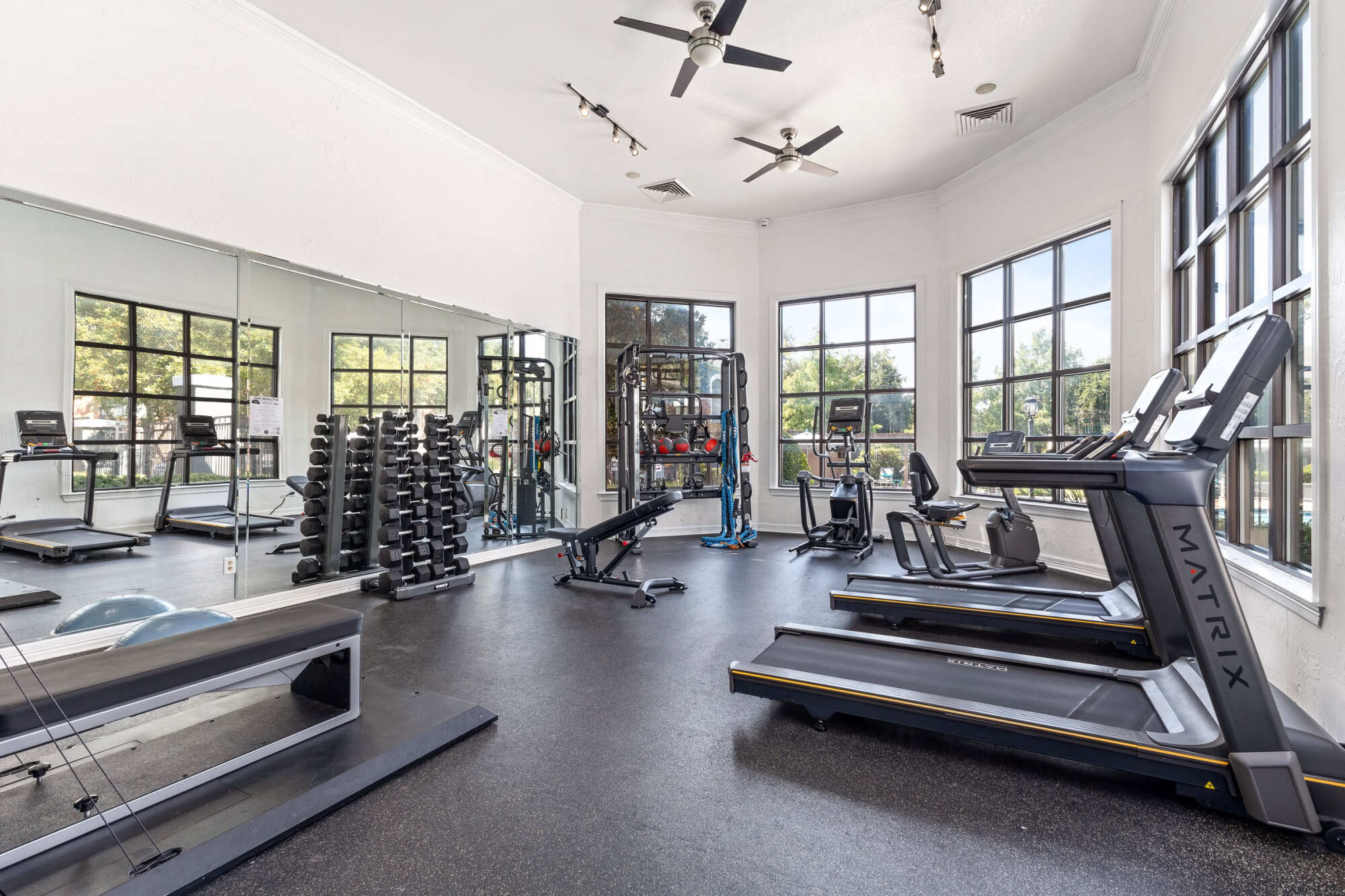 Spacious fitness center with mirrored wall, free weight rack, treadmills, weight bench, cable machine, and arched windows letting in natural light.