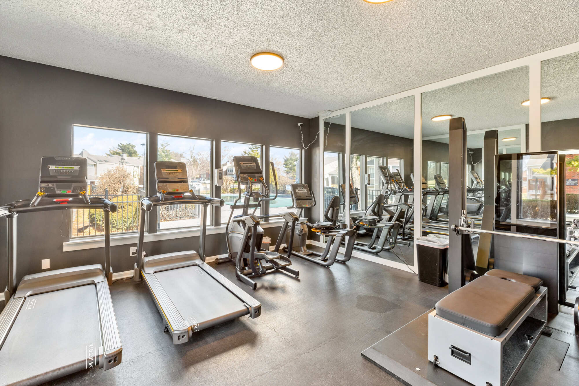 Well-equipped community gym featuring treadmills, weight machines, and cardio equipment lined up beside large windows and a mirrored wall.