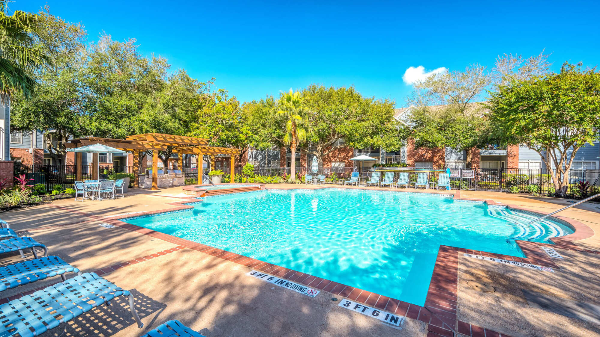 Resort-style swimming pool with a curved brick-edged deck, a wooden pergola, lounge chairs, and palm trees under a clear blue sky.