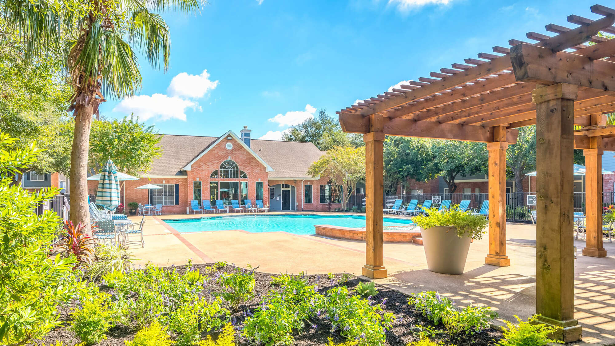Resort-style pool framed by a wooden pergola, palm trees, and lounge chairs on a paved deck under a clear blue sky.