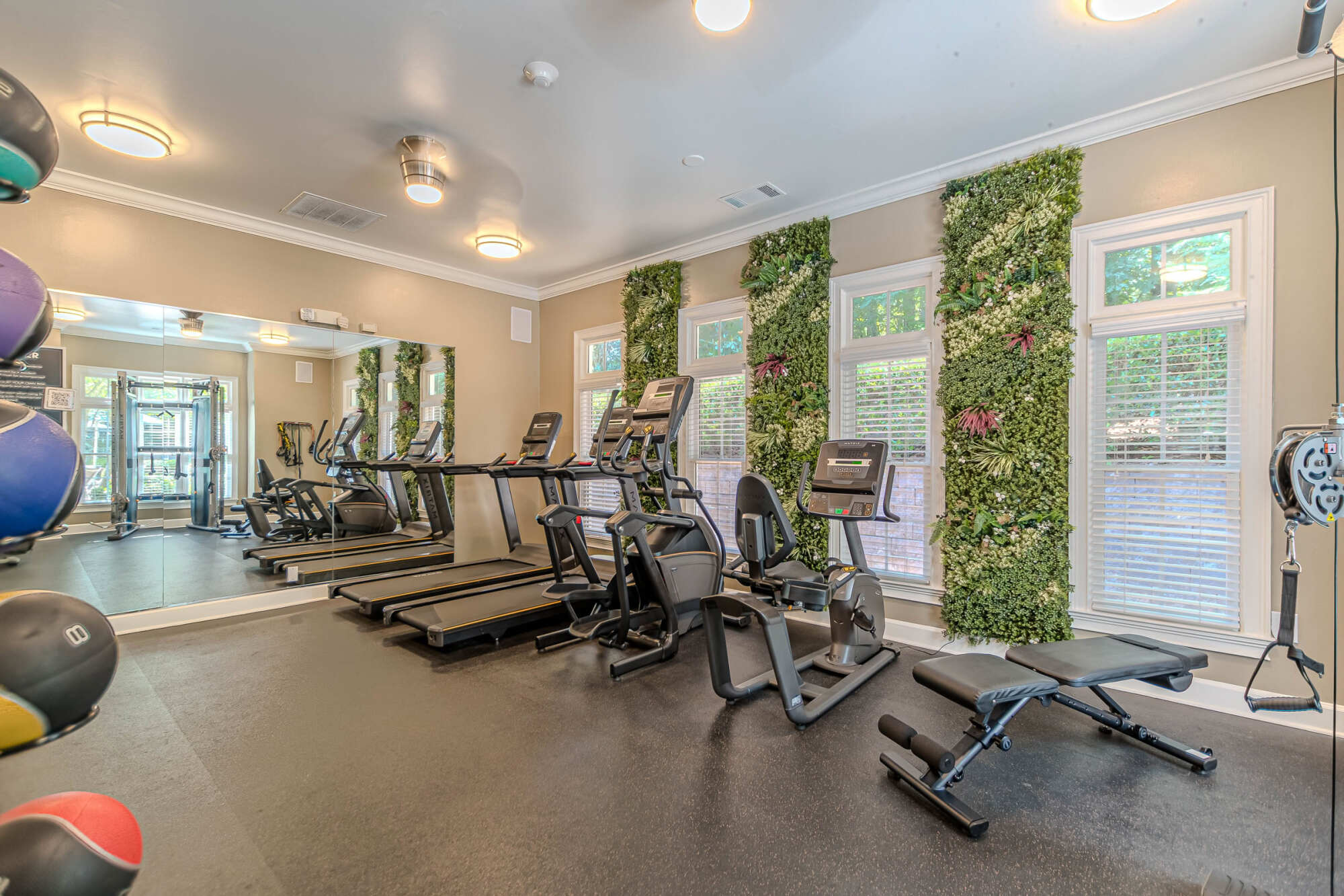 Fitness room with treadmills, an elliptical, a recumbent bike, adjustable weight benches, and medicine balls, accented by vertical living-plant walls between windows.