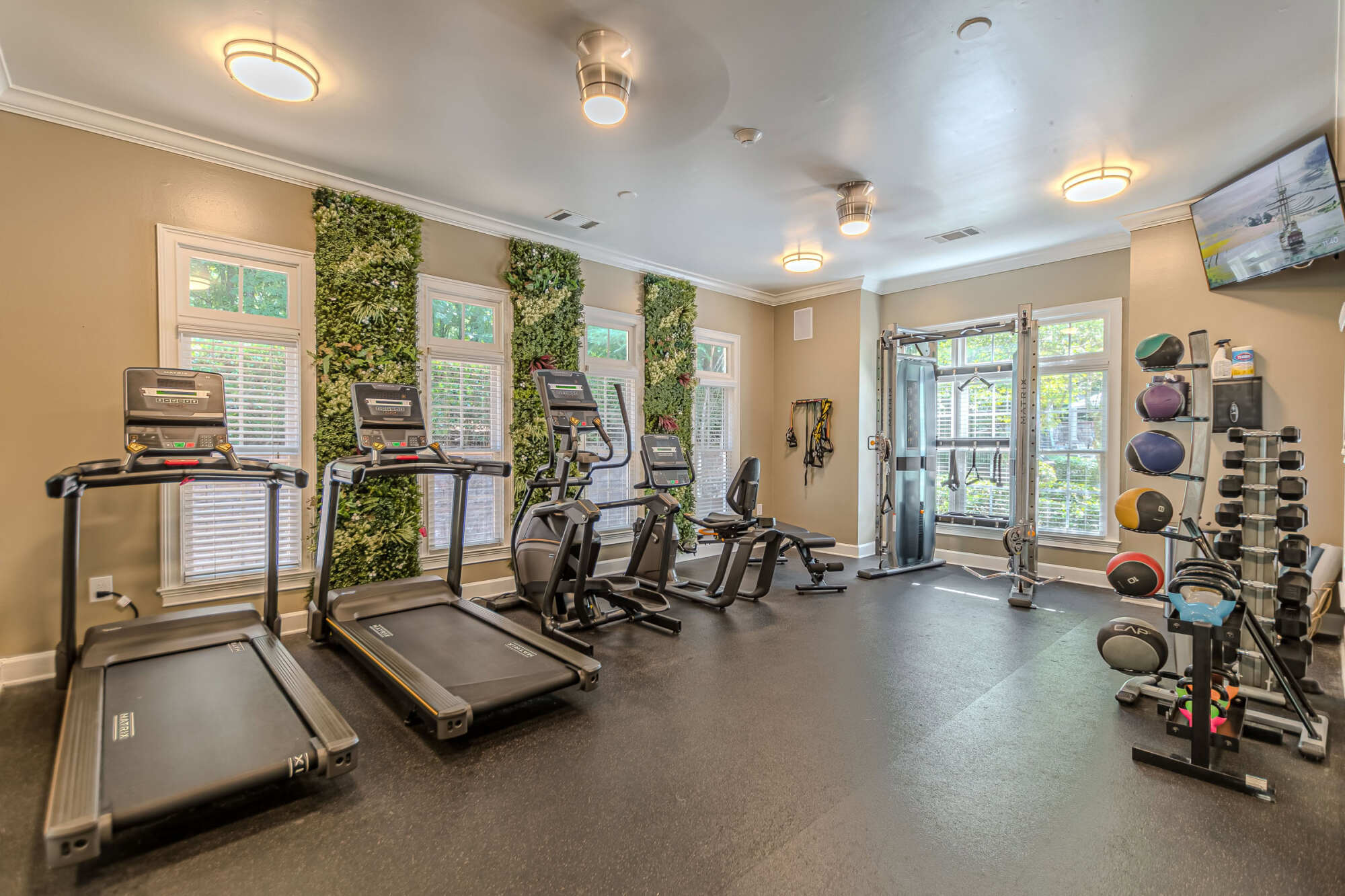 Fitness center with treadmills, an elliptical, a recumbent bike, a cable machine, and a dumbbell rack, decorated with living-plant wall accents between windows.