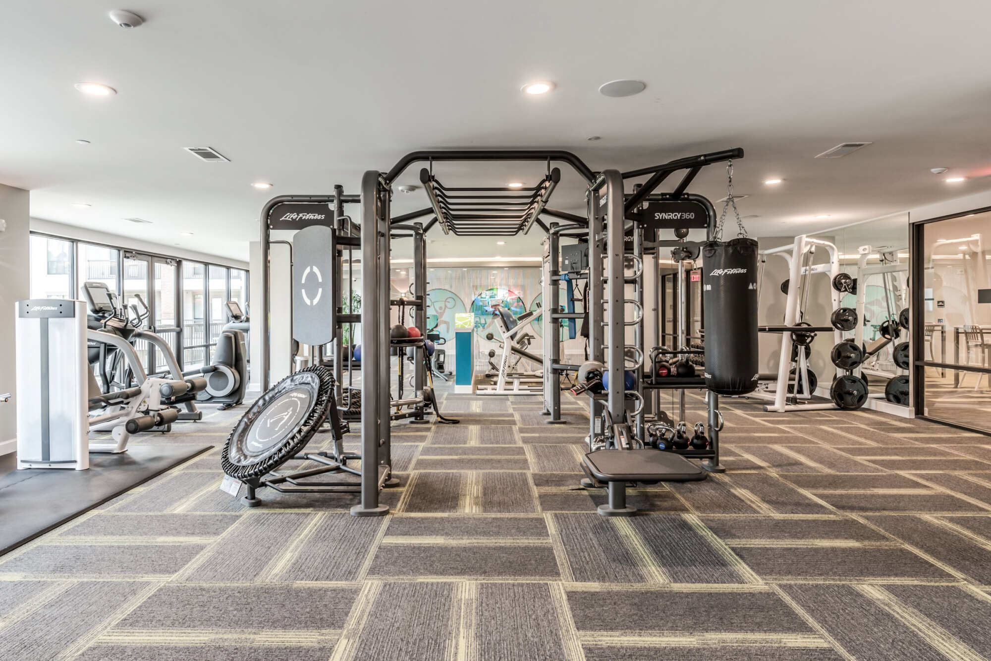 Spacious fitness center with a functional training rig, cable machines, a punching bag, free weights, and cardio equipment on patterned carpet by floor-to-ceiling windows.