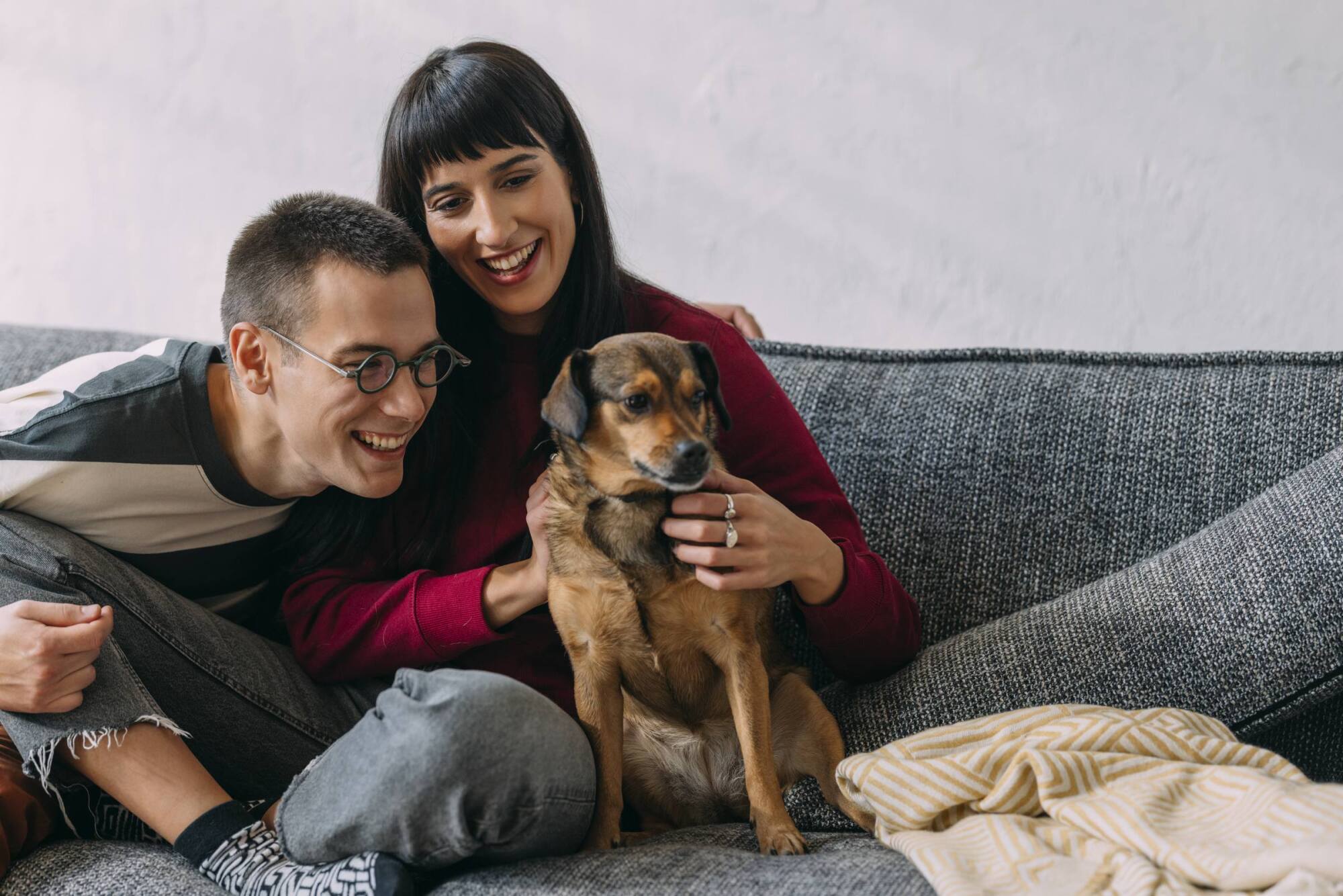 A smiling couple sits on a couch, hugging a brown dog between them.