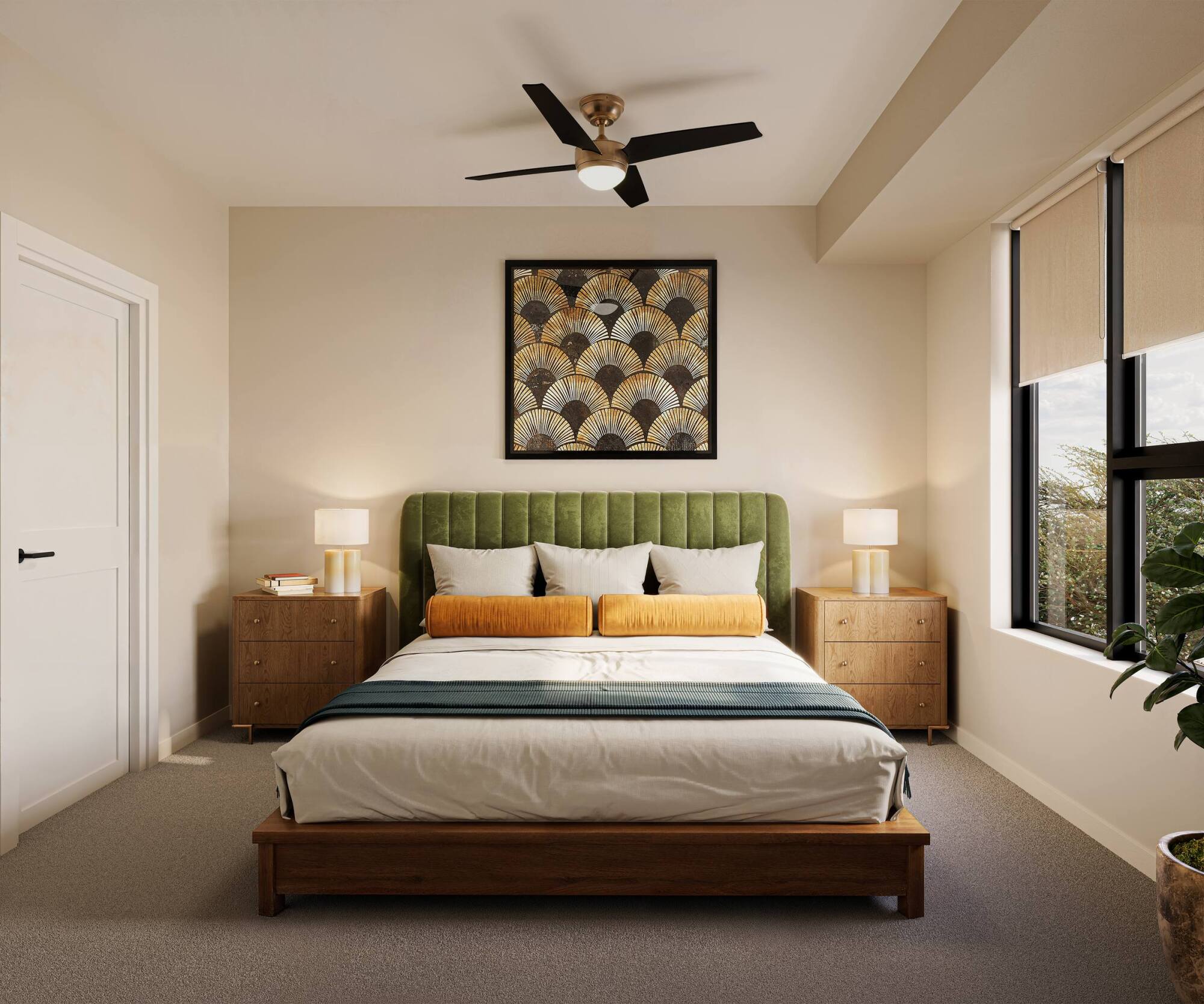 Modern bedroom with green headboard, double bed, two nightstands, lamps, and framed art above the bed.