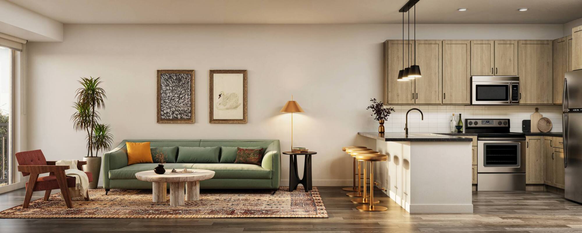Modern open-plan living room and kitchen with neutral tones, green sofa, barstools, and warm lighting.