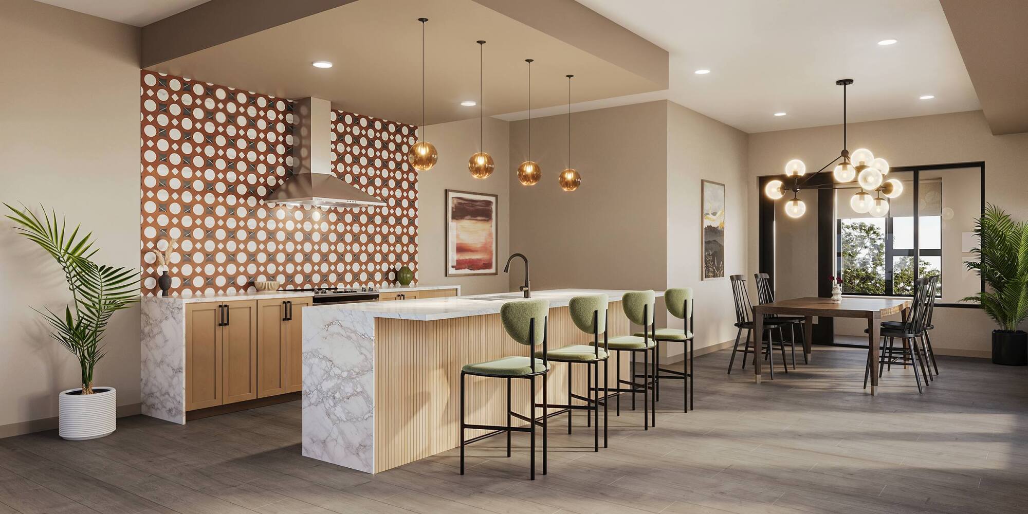 Modern kitchen with marble island, green bar stools, pendant lights, and a dining area with stylish decor.