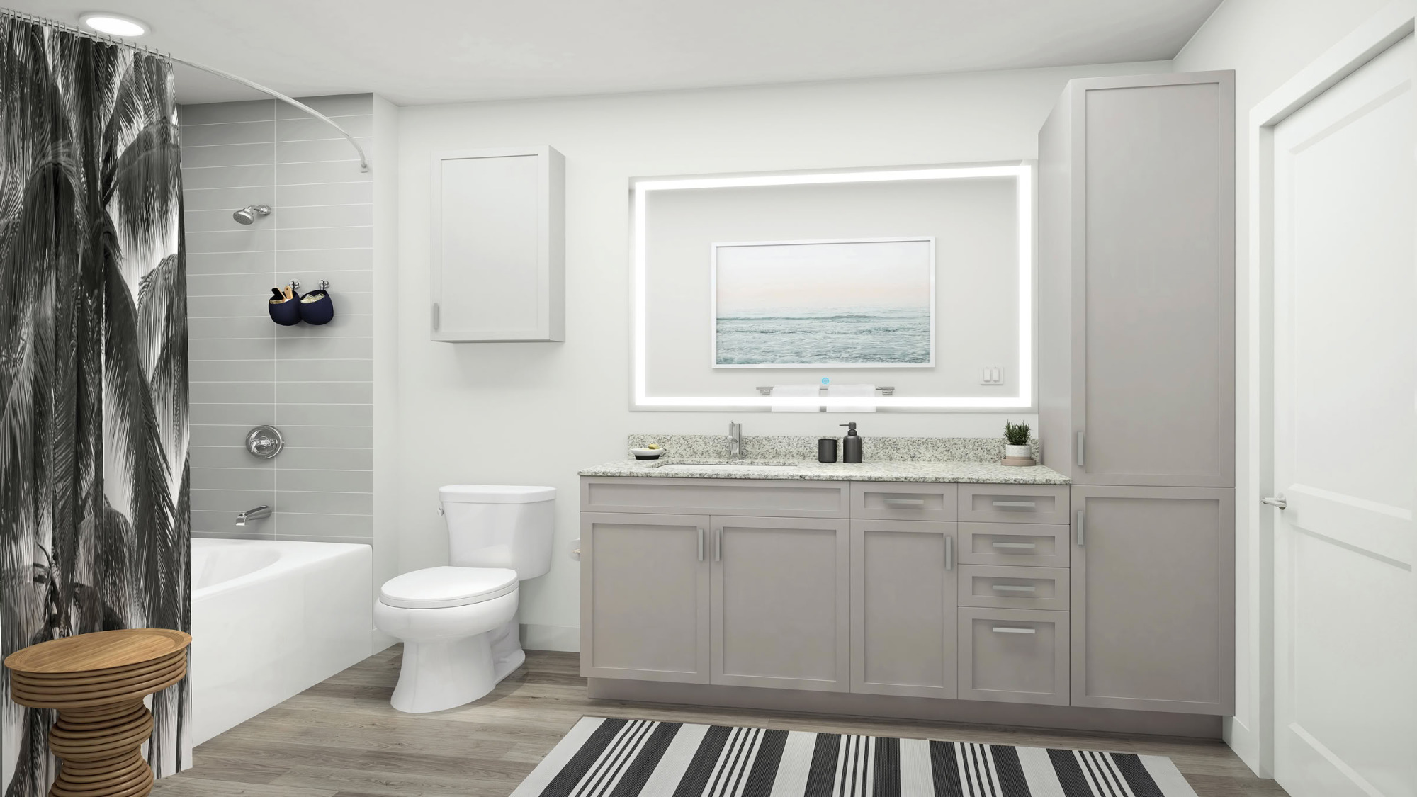 Rendering of Stadium House S1 bathroom with backlit mirror, granite vanity, and tropical shower curtain