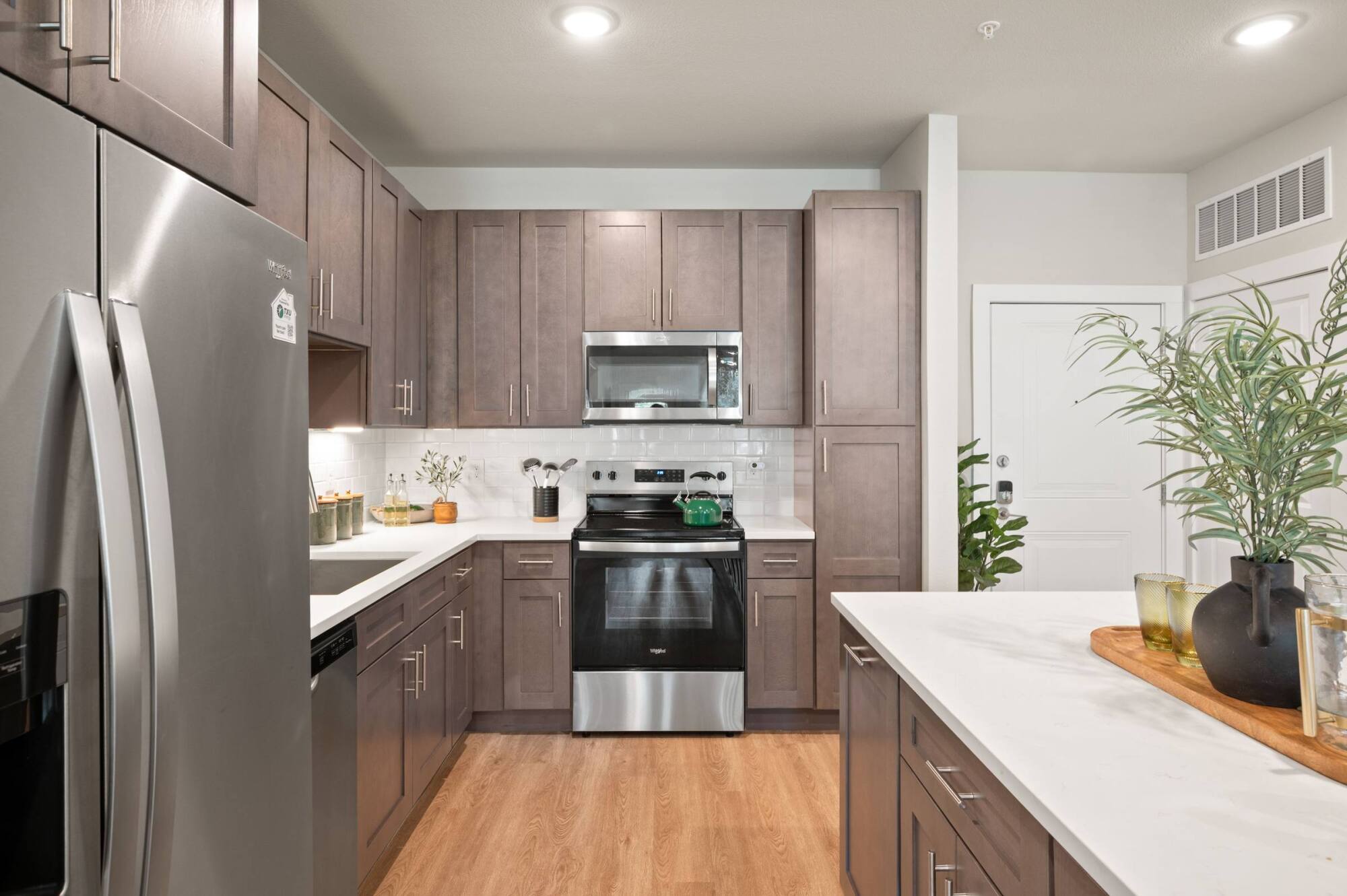 Modern kitchen with gray cabinets, stainless steel appliances, wood floor, and decorative plants on the counter.
