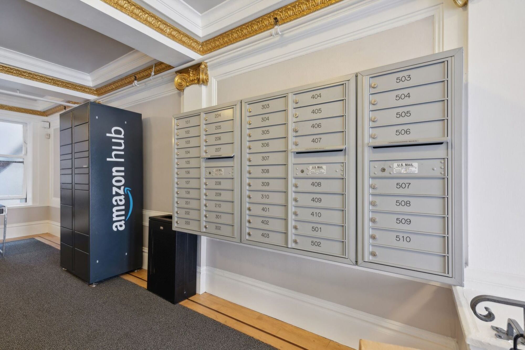 A row of mailboxes with numbers 503 to 510.