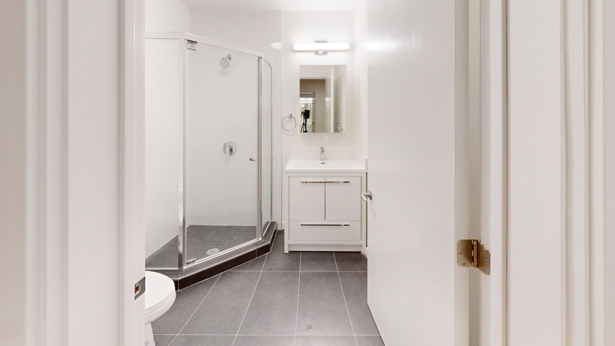 A white bathroom with a walk-in shower and a toilet.