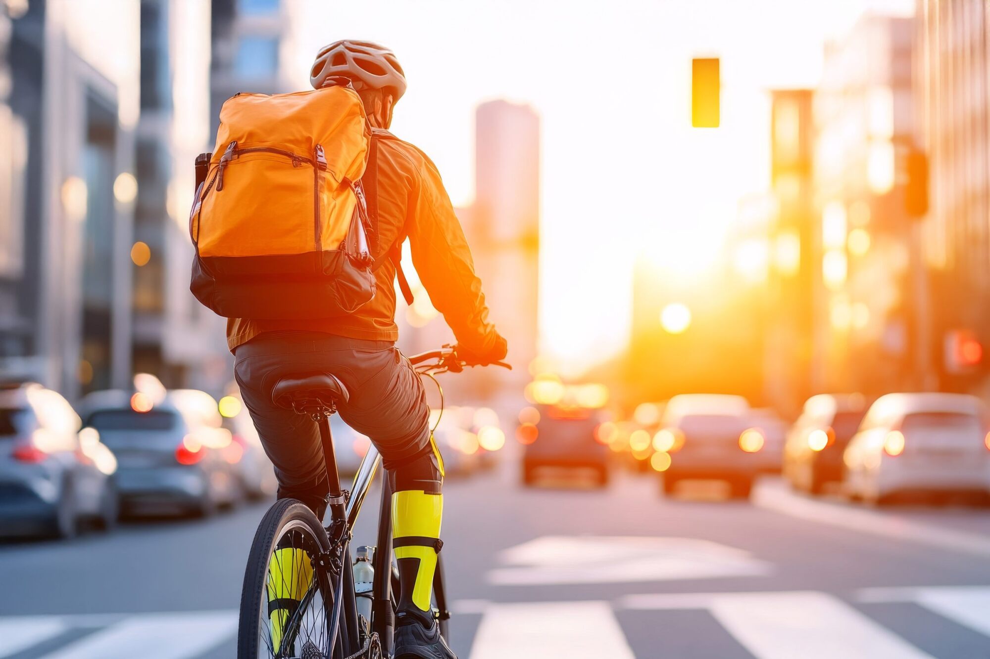 Cyclist with an orange backpack riding on a city street at sunset, surrounded by cars and glowing lights.