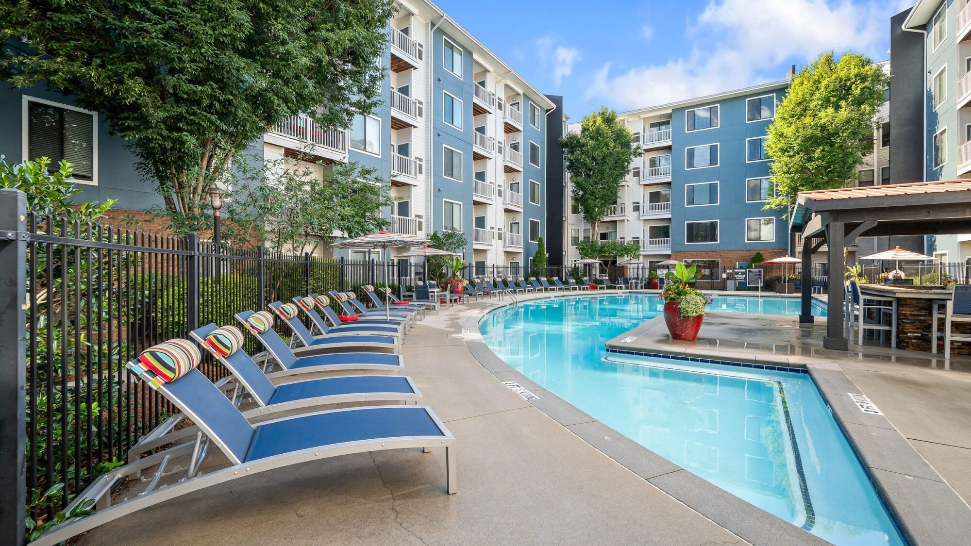 Curved outdoor pool with blue lounge chairs, surrounded by modern apartment buildings and trees at Apex West Midtown.