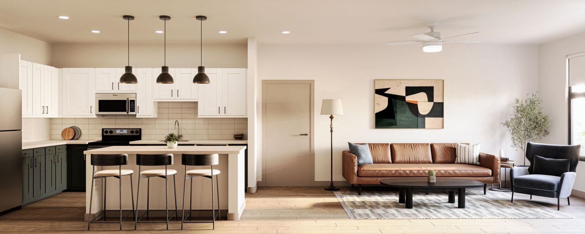 A rendering image of an apartment kitchen and living room at Allers Landing in Austin, TX.