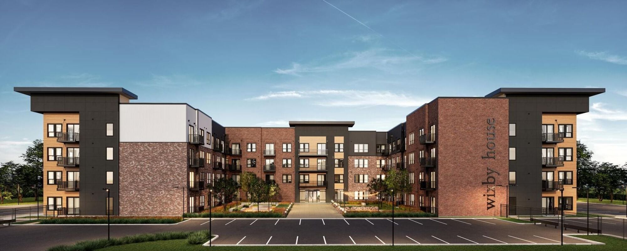 A rendering photo of the exterior of the building at Wixby House in Austin, Texas.