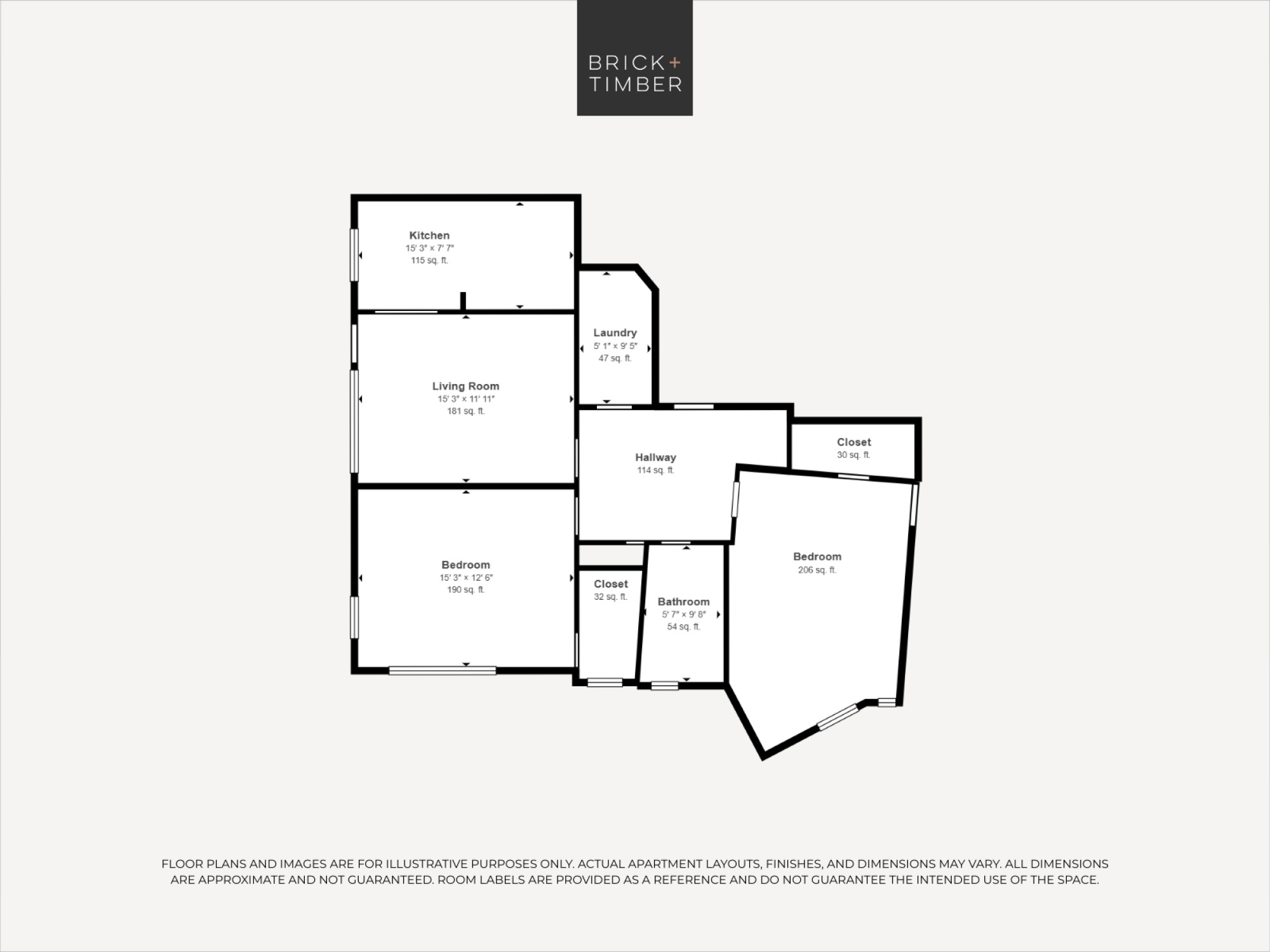 A floor plan for a property by Brick+Timber shows a living room, two bedrooms, a bathroom, and a laundry area.