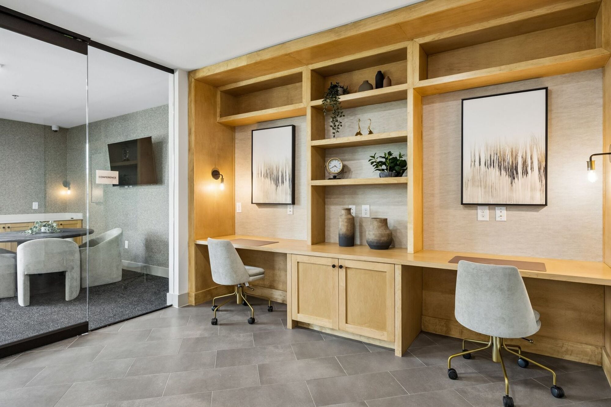 Modern work-from-home (WFH) spaces at The Elara in Farmers Branch, TX featuring quiet seating areas and productivity-focused design near Dallas, TX