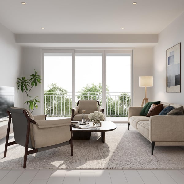 Modern living room with neutral furniture, large window, indoor plant, and natural light filling the space.