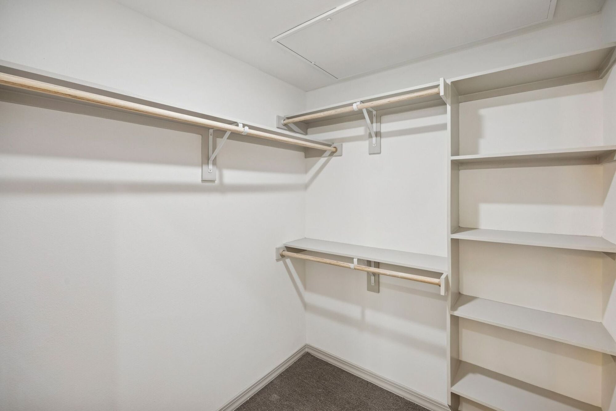 Large Walk-in closet at The Elara Apartments in Farmers Branch, TX featuring spacious storage and modern apartment design near Dallas, TX